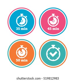 Timer icons. 35, 45 and 50 minutes stopwatch symbols. Check or Tick mark. Colored circle buttons. Vector