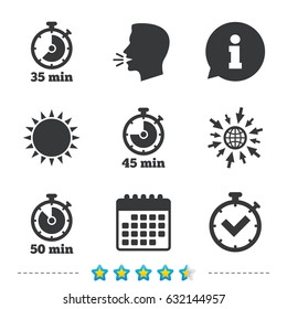 Timer icons. 35, 45 and 50 minutes stopwatch symbols. Check or Tick mark. Information, go to web and calendar icons. Sun and loud speak symbol. Vector