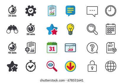 Timer icons. 35, 45 and 50 minutes stopwatch symbols. Check or Tick mark. Chat, Report and Calendar signs. Stars, Statistics and Download icons. Question, Clock and Globe. Vector