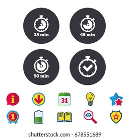 Timer icons. 35, 45 and 50 minutes stopwatch symbols. Check or Tick mark. Calendar, Information and Download signs. Stars, Award and Book icons. Light bulb, Shield and Search. Vector