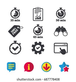 Timer icons. 35, 45 and 50 minutes stopwatch symbols. Check or Tick mark. Browser window, Report and Service signs. Binoculars, Information and Download icons. Stars and Chat. Vector