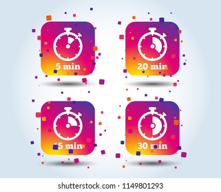 Timer icons. 5, 15, 20 and 30 minutes stopwatch symbols. Colour gradient square buttons. Flat design concept. Vector