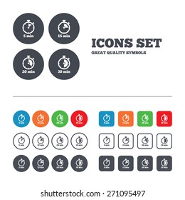 Timer icons. 5, 15, 20 and 30 minutes stopwatch symbols. Web buttons set. Circles and squares templates. Vector