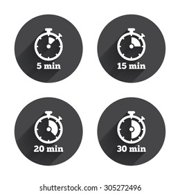 Timer icons. 5, 15, 20 and 30 minutes stopwatch symbols. Circles buttons with long flat shadow. Vector