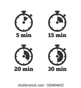 Timer icons. 5, 15, 20 and 30 minutes stopwatch symbols. Flat icons on white. Vector