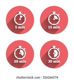 Timer icons. 5, 15, 20 and 30 minutes stopwatch symbols. Pink circles flat buttons with shadow. Vector