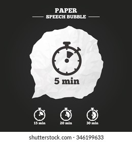 Timer icons. 5, 15, 20 and 30 minutes stopwatch symbols. Paper speech bubble with icon.