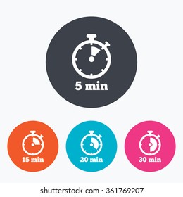 Timer icons. 5, 15, 20 and 30 minutes stopwatch symbols. Circle flat buttons with icon.