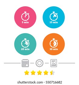 Timer icons. 5, 15, 20 and 30 minutes stopwatch symbols. Calendar, cogwheel and report linear icons. Star vote ranking. Vector