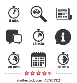 Timer icons. 5, 15, 20 and 30 minutes stopwatch symbols. Newspaper, information and calendar icons. Investigate magnifier, chat symbol. Vector