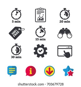 Timer icons. 5, 15, 20 and 30 minutes stopwatch symbols. Browser window, Report and Service signs. Binoculars, Information and Download icons. Stars and Chat. Vector
