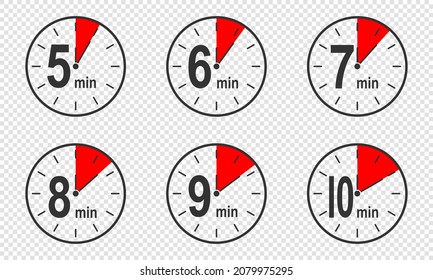 Timer-Icons mit 5, 6, 7, 8, 9, 10 Minuten Zeitintervall. Countdown-Uhr oder Stoppuhr-Symbole. Infografische Elemente für die Zubereitung von Kochkursen. Vektorflache Illustration.