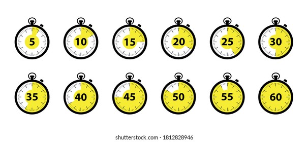 Timer Icons 5 Minutes To 1 Hour - Black And White Vector Illustration Set - Isolated On White Background