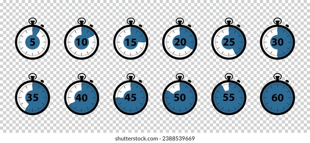Timer Icons 5 Minutes To 1 Hour - Black And Blue Vector Illustrations Set - Isolated On Transparent Background