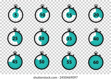 Timer Icons 5 Minutes To 1 Hour - Black And Blue Vector Illustrations Set - Isolated On Transparent Background