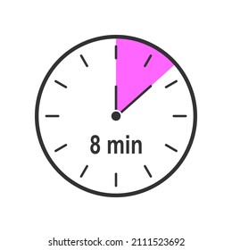Timer icons with 8 minute time interval. Countdown clock or stopwatch symbol. Infographic element for cooking preparing instruction. Vector flat illustration.