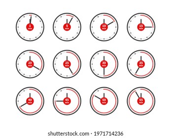 Timer icons. Analog clocks dial with red arrows different positions. Countdown minutes. Round timepieces. Time measuring instruments. Stopwatch for cooking. Vector chronometers set