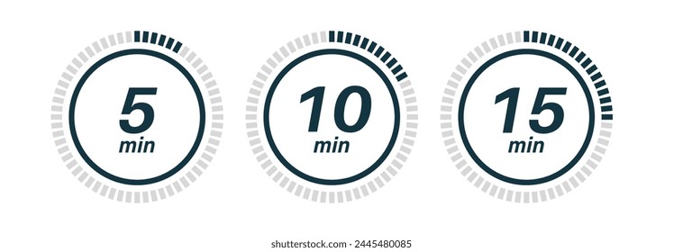 Timer icons, clock symbols, stopwatch signs. Cooking time icons. Time interval. Vector illustration.