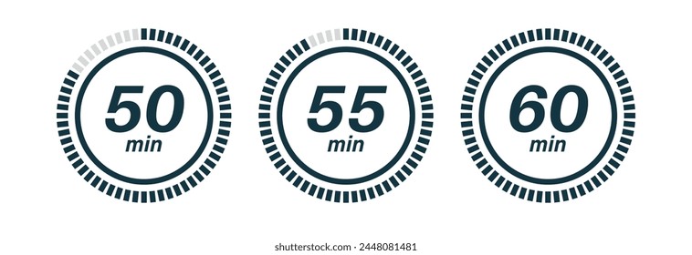 Iconos del cronómetro, símbolos del reloj, signos del cronómetro. Iconos del tiempo de cocción. Intervalo de tiempo. Ilustración vectorial.