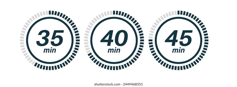 Timer icons, clock symbols, stopwatch signs. Cooking time icons. Time interval. Vector illustration.