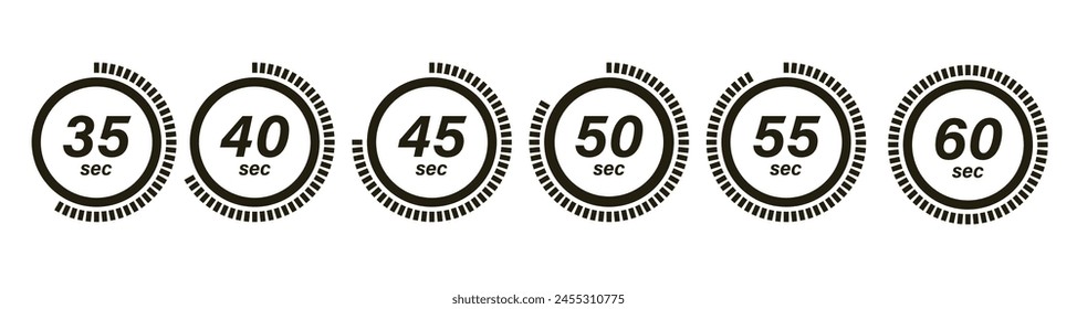 Timer icons, clock symbols, stopwatch signs. Cooking time icons. Time interval. Vector illustration.