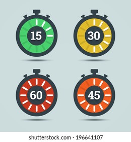 Timer icons with color gradation and numbers in flat style on a light background. Vector illustration in EPS10.