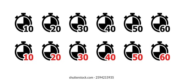 Timer icons displaying time increments from 10 to 60 minutes. Vector icon