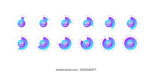 Timer icons. Flat, color, minutes countdown, countdown timer. Vector icons