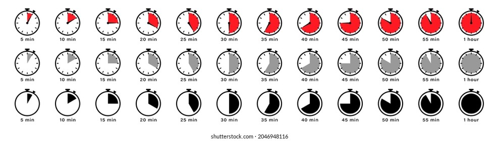 Timer icons on a white background. Countdown in the form of a timer on a white background in a flat style. For applications and web sites. Vector illustration