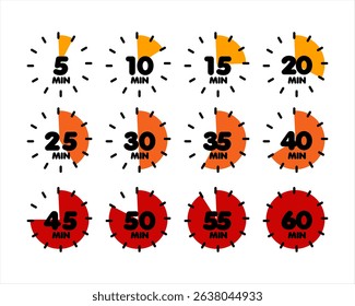 Timer Icons Set of 12 Circle Countdown Clocks for 5, 10, 15, 20, 25, 30, 35, 40, 45, 50, 55, and 60 Minutes