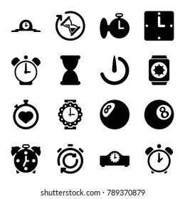 Timer icons. set of 16 editable filled timer icons such as clock, stopwatch, stopwatch camera, wall clock, wrist watch for woman, wrist watch with sun, hourglass, alarm