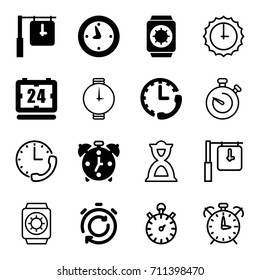 Timer icons set. set of 16 timer filled and outline icons such as clock, wrist watch with sun, alarm, stopwatch, hourglass, wrist watch