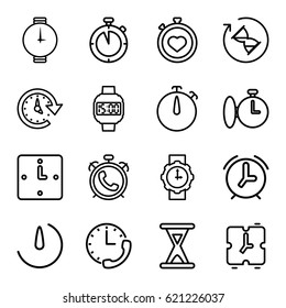 Timer icons set. set of 16 timer outline icons such as alarm, stopwatch, stopwatch camera, time, hourglass, wall clock, wrist watch for woman, wrist watch