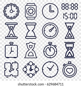 Timer icons set. set of 16 timer outline icons such as stopwatch, hourglass, clock, wall clock, digital time, wrist watch with sun