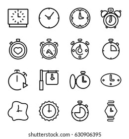 Timer icons set. set of 16 timer outline icons such as alarm, stopwatch, wall clock, wrist watch, sundial, clock