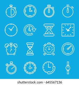 Timer icons set. set of 16 timer outline icons such as clock, time, hourglass, wall clock, wrist watch, alarm