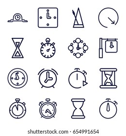 Timer icons set. set of 16 timer outline icons such as alarm, metronome, clock, wall clock, hourglass