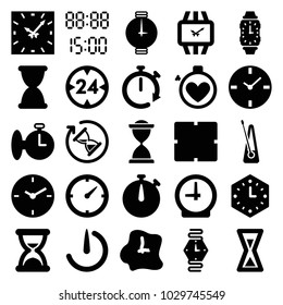 Timer icons. set of 25 editable filled timer icons such as clock, stopwatch camera, wall clock, wrist watch, digital time, 24 hour, hourglass, stopwatch