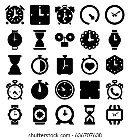 Timer icons set. set of 25 timer filled icons such as alarm, clock, stopwatch, wall clock, wrist watch, wrist watch for woman, wrist watch with sun