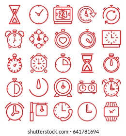 Timer icons set. set of 25 timer outline icons such as clock, stopwatch, stopwatch camera, time, wall clock, wrist watch, hourglass