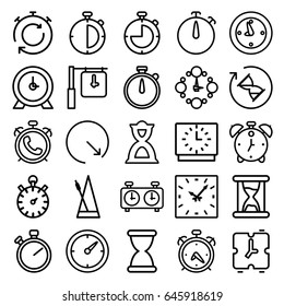 Timer icons set. set of 25 timer outline icons such as alarm, clock, hourglass, metronome, wall clock