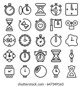 Timer icons set. set of 25 timer outline icons such as stopwatch, hourglass, wall clock, wrist watch, 24 hour, clock, alarm