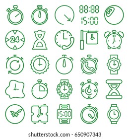 Timer icons set. set of 25 timer outline icons such as alarm, stopwatch, hourglass, wall clock, wrist watch, wrist watch for woman, wrist dial watch, digital time, sundial