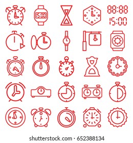 Timer icons set. set of 25 timer outline icons such as alarm, stopwatch, hourglass, clock, wall clock, wrist watch, digital time, wrist dial watch, sundial