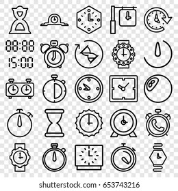 Timer icons set. set of 25 timer outline icons such as alarm, clock, stopwatch, hourglass, stopwatch camera, time, wall clock, wrist watch for woman, wrist watch, digital time