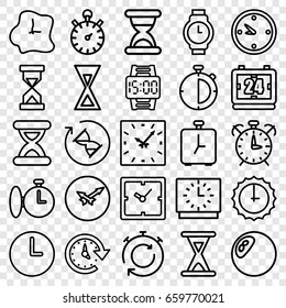 Timer icons set. set of 25 timer outline icons such as clock, time, hourglass, wall clock, wrist watch, wrist dial watch, sundial, stopwatch