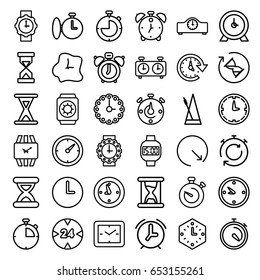 Timer icons set. set of 36 timer outline icons such as clock, stopwatch, metronome, time, hourglass, wall clock, wrist watch for woman, wrist watch, 24 hour, alarm