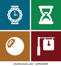 Timer icons set. set of 4 timer filled icons such as wrist watch for woman, hourglass