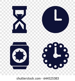 Timer icons set. set of 4 timer filled icons such as wall clock, wrist watch with sun