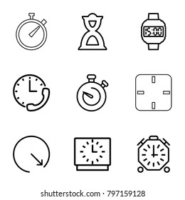 Timer icons. set of 9 editable outline timer icons such as hourglass, stopwatch, wall clock, wrist dial watch